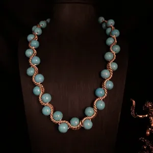 Vintage retro turquoise beaded short necklace, hand-woven gold twisted chain statement jewelry.
