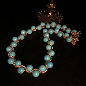 Vintage turquoise beaded necklace antique gold woven chain statement jewelry for women