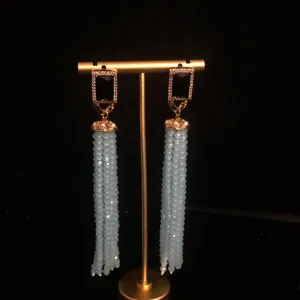 Vintage long tassel earrings with blue glass beads and gold finish for women fashion.