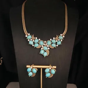 Vintage Retro Lapis Lazuli Turquoise Pearl Rhinestone Necklace Earrings Set Alloy Copper Chain Jewelry Gift For Women
