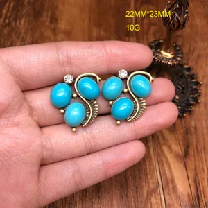 Vintage turquoise earrings antique bronze drop studs elegant women fashion jewelry 22x23mm