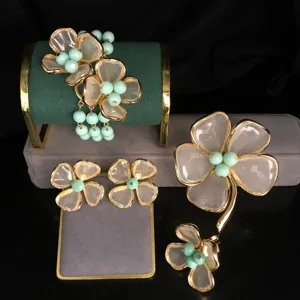 Vintage Alloy Enamel Flower Bracelet Brooch Earrings Ring Set Elegant Blue Stone Floral Fashion Jewelry For Women