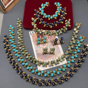 Vintage style gemstone leaf necklace bracelet earrings set retro jewelry elegant gift.