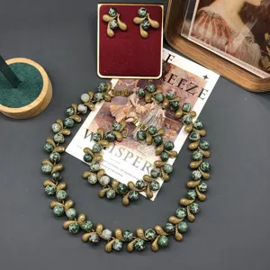 Vintage retro green stone beaded necklace earrings bracelet set elegant copper jewelry
