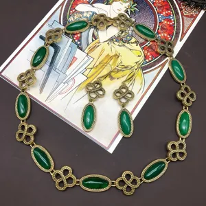 Vintage green gemstone necklace earrings set, elegant antique brass jewelry for women.