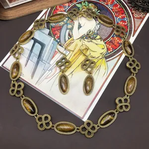 Vintage brass tone tiger eye gemstone necklace earrings set retro jewelry detail view