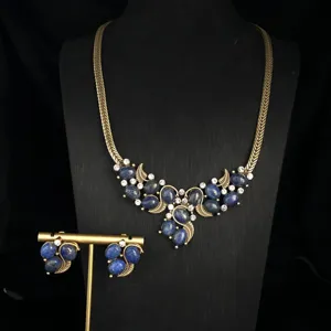 Vintage antique brass lapis lazuli rhinestone statement necklace earrings jewelry set