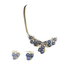 Vintage bronze lapis lazuli rhinestone necklace earrings set for women retro jewelry.