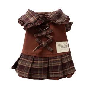 Brown plaid pet dog dress with ruffles and D-ring cute warm winter puppy apparel clothes