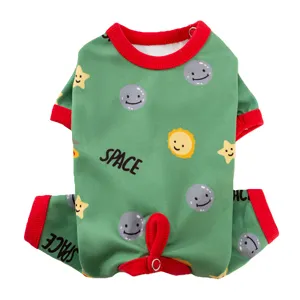 Cute autumn winter dog four-legged jumpsuit with space planet pattern, warm pet clothes for small dogs.