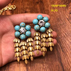 Vintage turquoise wheat tassel earrings statement gold alloy rhinestone drop jewelry women
