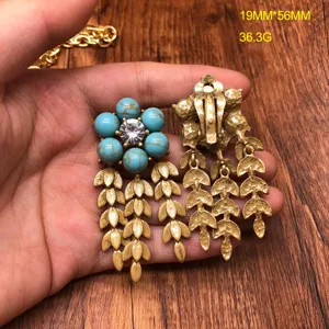 Vintage turquoise crystal tassel earrings retro gold metal statement jewelry for women