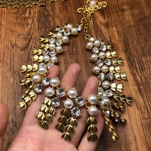 Vintage gold-tone pearl rhinestone wheat tassel statement necklace for women party