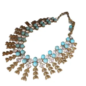 Vintage turquoise rhinestone wheat tassel statement necklace bohemian fashion jewelry chic