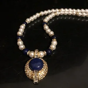 Collar corto perla lapis lazuli estilo corte retro vintage colgante detalle o.