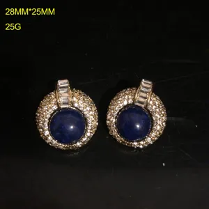 Retro Estilo Palacio Lapislázuli Estrás Pendientes Redondos Elegantes Vintage Joyería