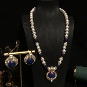 Estilo de Corte Vintage Piedra Azul Lapislázuli Perla Artificial Strass Collar Pendientes Conjunto de Joyas para Mujeres