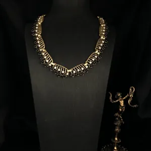 Vintage gold filigree black bead rhinestone statement necklace elegant jewelry accessory