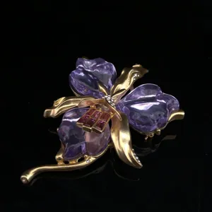 Broche orchidée violette style occidental vintage résine gelée ton or épingle bijou élégant