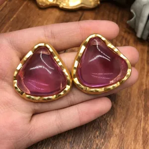 Vintage pink purple jelly earrings geometric gold trim chic aesthetic accessory detail