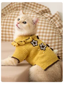 Cozy yellow pet knit sweater featuring cute stars and cute back spikes for cats and dogs.