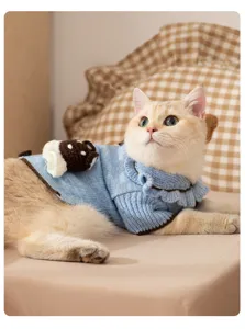 Close-up detail of cozy pet knit sweater in soft blue with cute crochet doll accent.