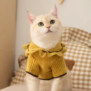 Cute Knitted Cat Sweater Warm Autumn Winter Pet Clothes For Cats Small Dogs Pullover With Ruffle Collar 3D Bear Ornament