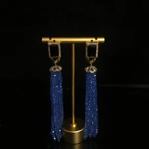 Long blue beaded tassel earrings retro copper rhinestone drop earrings detail view