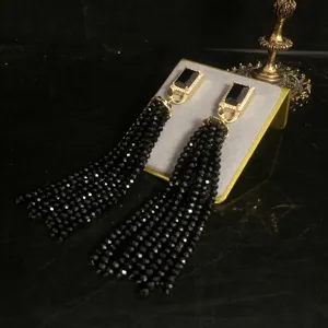 Retro copper black crystal bead tassel earrings, elegant long rhinestone statement earrings.