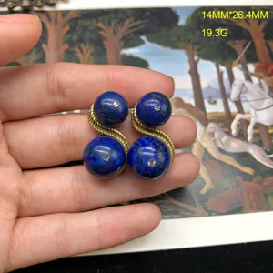 Vintage retro gold woven blue bead earrings detail view, elegant chic accessories