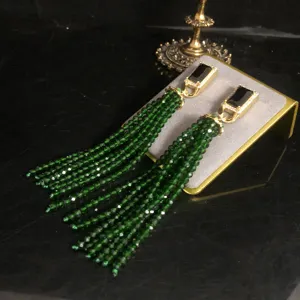 Long green beaded tassel earrings copper rhinestone retro statement drop earrings detail view
