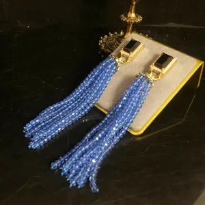 European vintage style long beaded tassel earrings with rhinestone copper top for elegant women.