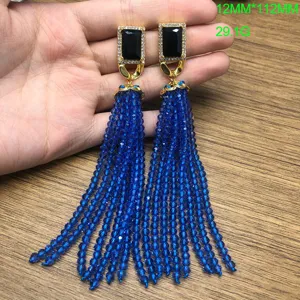 Vintage European style copper rhinestone long blue bead tassel earrings for women fashion