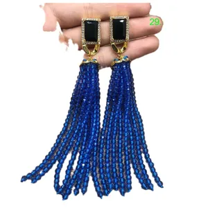 European retro copper diamond-paved long blue crystal bead tassel earrings for women
