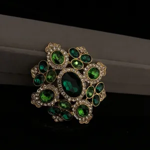 Vintage green rhinestone brooch gold tone elegant emerald crystal floral pin fashion jewelry