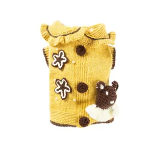 Cute yellow pet knit sweater with cute bear applique, warm autumn winter dog cat clothes.