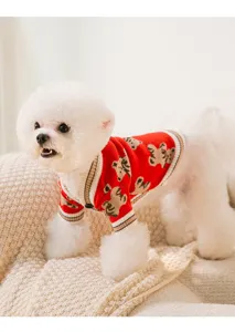 Cute pet bear sweater detail, soft red knitted cardigan for small dogs and cats, autumn wear.