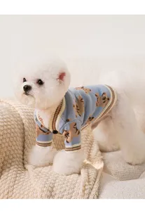 Cute bear pattern pet cardigan sweater detail, warm knit fabric for small dogs and cats.