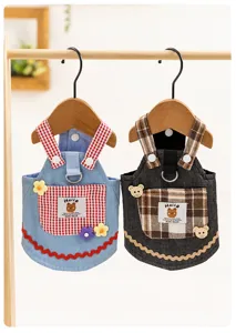 Pet denim strap dress detail, cute plaid pocket and bear decor, spring summer pet clothes.