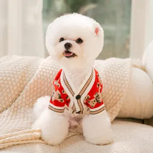 Cute autumn winter dog sweater red cardigan with bear pattern for small pets and cats apparel.