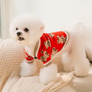 Cute bear print pet sweater for small dogs and cats, red knit cardigan, autumn winter apparel.