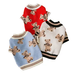Cute knitted pet sweater for small dogs and cats with bear print, warm winter pet clothes.