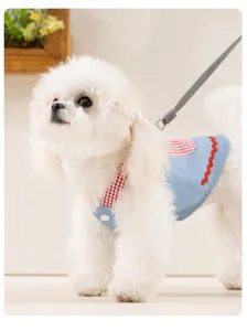 Cute pet denim harness skirt with red plaid straps, soft fabric for small dogs and cats.