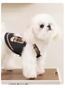 Dog denim plaid strap dress spring summer pet cute bear pocket clothes for puppy cat teddy