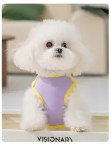 Cute purple pet dog vest with yellow trim for small dogs, soft comfortable daily apparel.