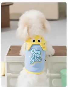 Detailed shot of a cute summer dog vest with monster collar design and vibrant printed text.