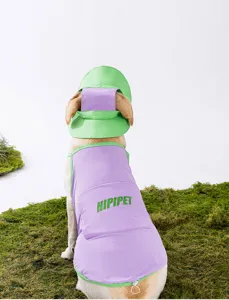 Vista detallada en primer plano de un perro con chaleco de proteccion solar y gorro.