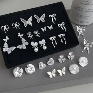 Elegantes silbernes Zirkon Schmetterling Ohrringe Set, süßer zarter Modeschmuck Ohrstecker.