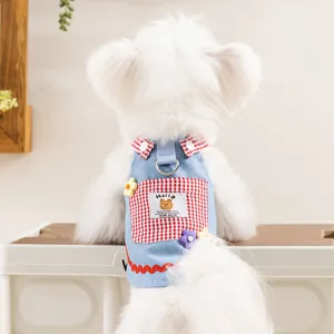 Fashion Pet Dog Denim Overall Dress Cartoon Bear Plaid Harness Dress Summer Cat Puppy Clothes Sweet Skirt With Traction Buckle
