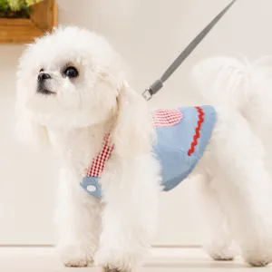 Cute summer denim pet harness dress with red plaid straps for small dogs and cats outdoor walk.